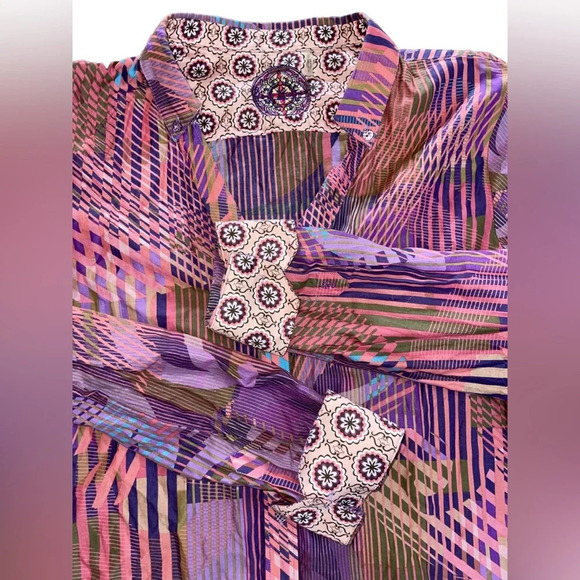 ROBERT GRAHAM Abstract Striped Button Up Shirt Women’s Size Large Purple Pink - Picture 4 of 13